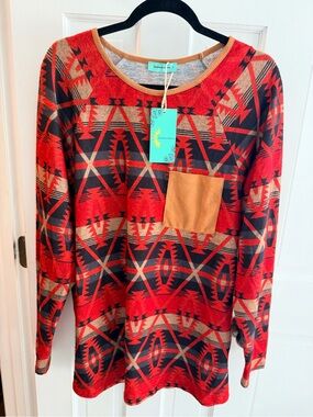 Red Aztec-Print Pullover Top with Tan Chest Pocket NWT